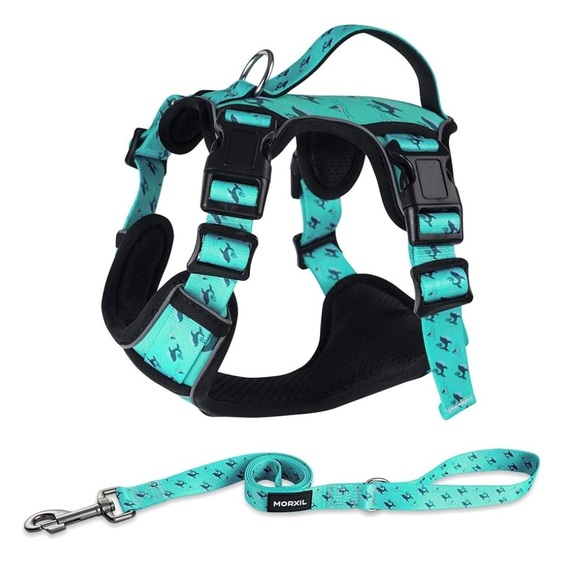 ‼️SOLD‼️NEW🐳 MORXIL TURQUOISE PADDED REFLECTIVE WHALE DOG HARNESS LEAD/LEASH SET - Picture 7 of 16